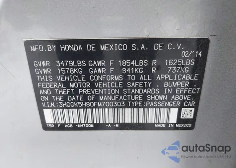 2015 Honda Fit Ex/Ex-L from USA, damaged, VIN 3HGGK5H80FM700303